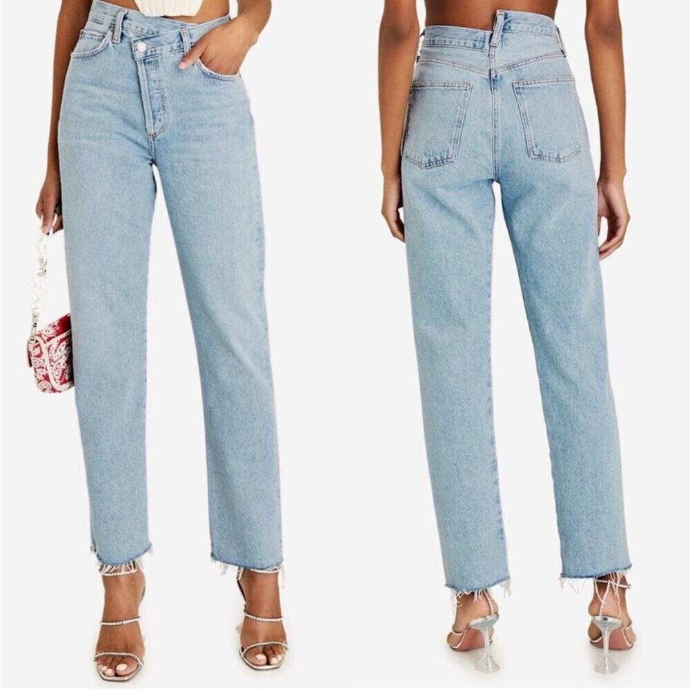 Agolde Criss Cross Blue Wash High Rise Distressed Straight Leg Jeans 26 spring